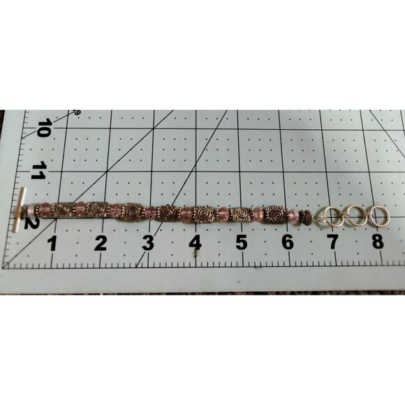 Handcrafted Silver Tone Pink Beaded Bracelet Swirl Design Toggle Clasp 7 inch - Picture 7 of 7